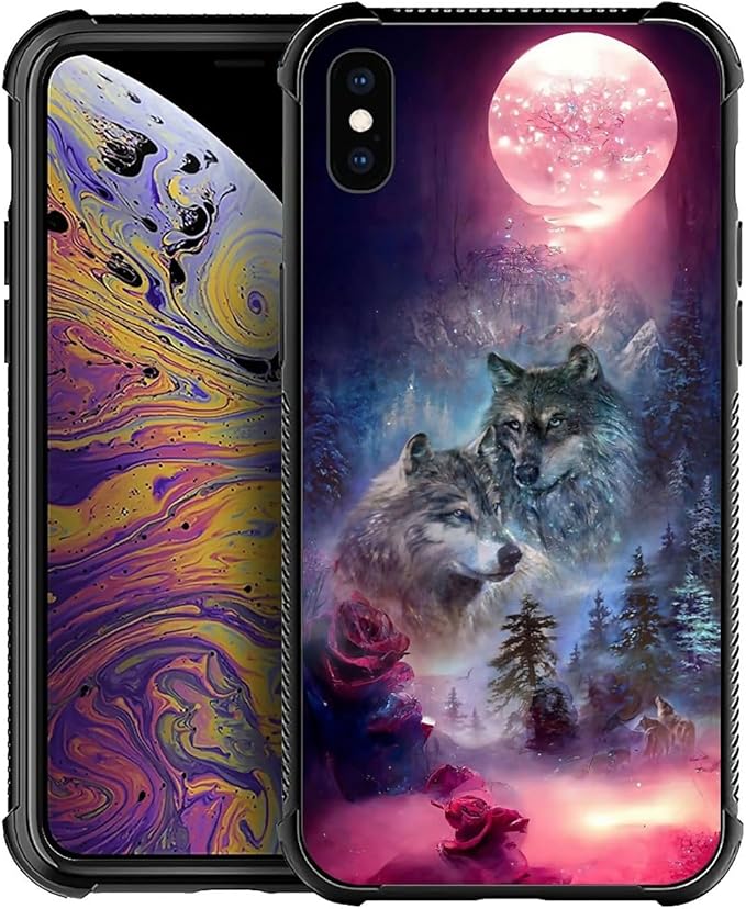 for iPhone X/Xs Case, Star Two Wolfs Howling Pattern Graphic Design Girl Boy by FKBRCL4U