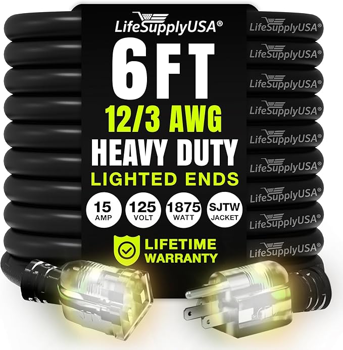 6ft Outdoor/Indoor Extension Cord 12/3 Gauge Extra Heavy Duty 3 Prong SJTW by LifeSupplyUSA