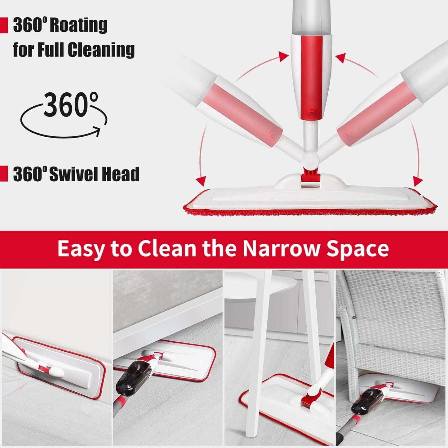 Spray Mops for Floor Cleaning Floor Mop with a Refillable Spray Bottle and 2 Washable Microfiber Pads Home or Commercial Use Dry Wet Flat Mop for Hardwood Laminate Wood (Red)