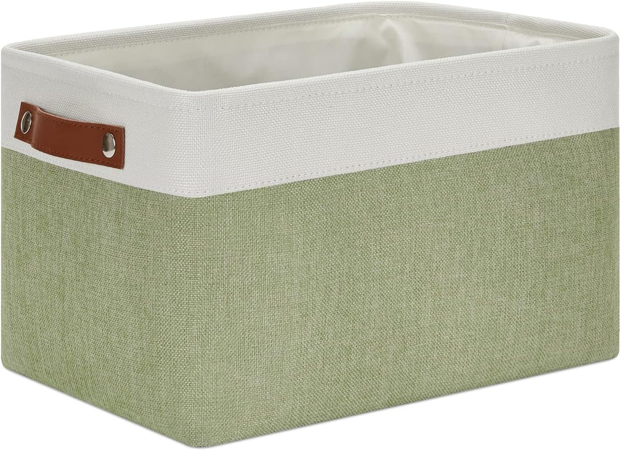 DULLEMELO Fabric Storage Bin for Laundry, Home, Foldable Storage Basket for Shelves, Toys, Collapsible Storage Basket Bin for Office, Closet,Bedroom(White&Green)