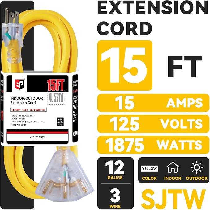 EP 15 Ft 12 Gauge Heavy Duty Extension Cord, 15A 125V 1875W, 3 Outlet - Image 2