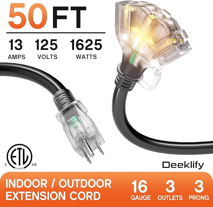 50 ft 16/3 awg 3 Outlet Extension Cord Splitter - Image 2