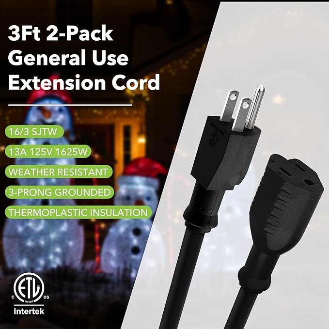 BN-LINK 3ft Indoor Outdoor Extension Cord 16/3 SJTW, 2 Pack, PVC Cable Jacket - Image 2