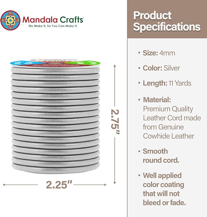 Mandala Crafts Round Genuine Silver Leather Cord - Image 2
