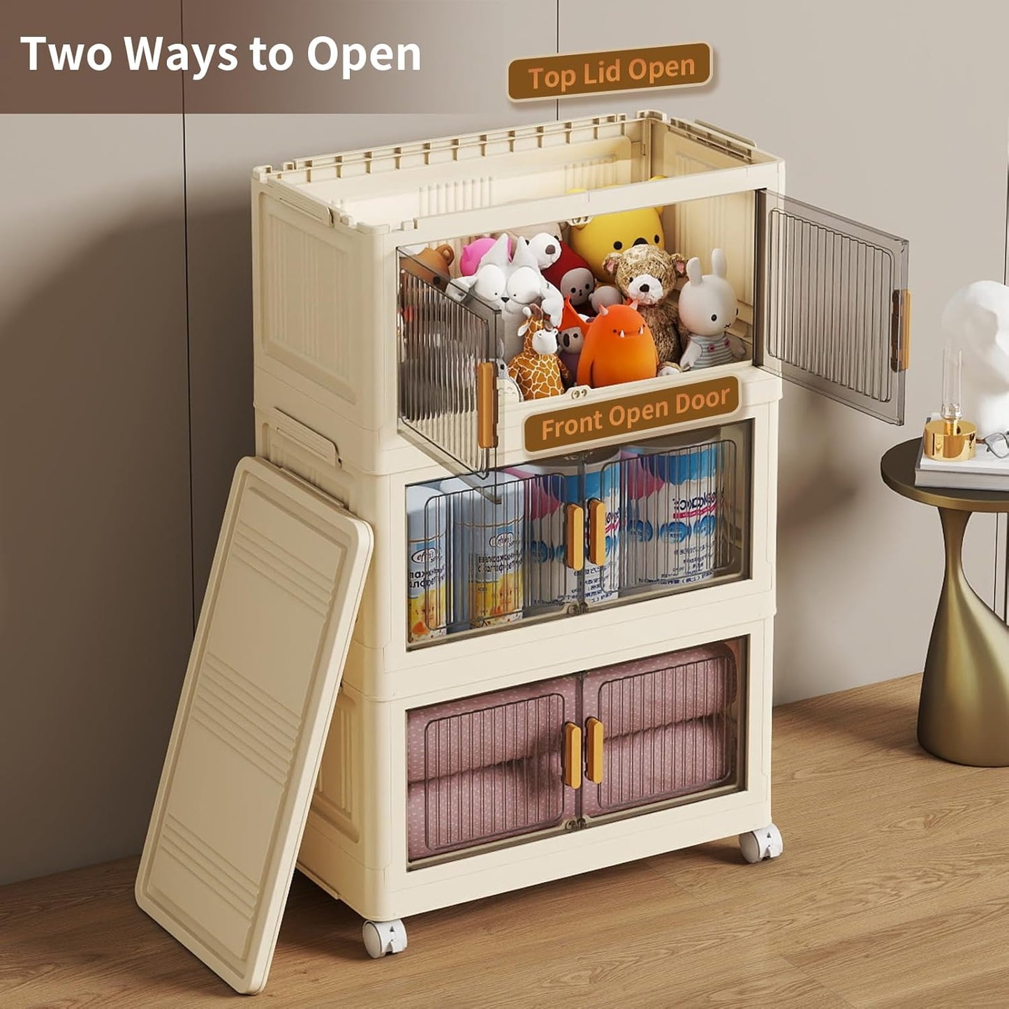 3 Tier Stackable Plastic Storage Bins with Lids 28QT, Collapsible Closet Organizers and Storage with Wheels for Living Room,Office,Dorm