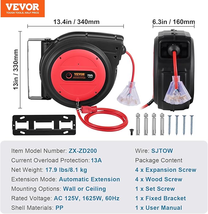 VEVOR 75FT Retractable Extension Cord Reel, 14AWG/3C SJTOW Heavy Duty Power - Image 7