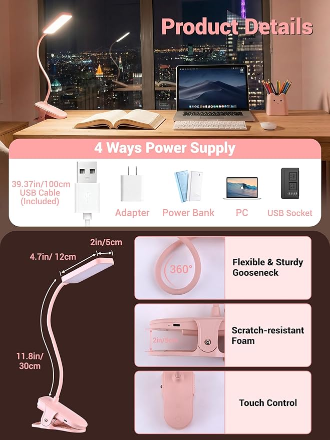 Pink Desk Lamp with Clamp Light, 9 Brightness+5 Color Clip on Light, 4000mAh - Image 8