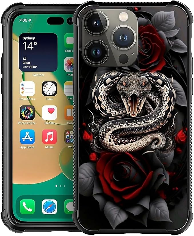 for iPhone 14 Pro Case, Entwined Rose Snake Pattern Graphic Design Girl Boy by FKBRCL4U