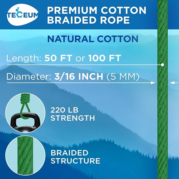 TECEUM Cotton Rope 3/16” – 50 FT – Strong All-Purpose Braided Rope – Natural - Image 2