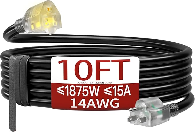 10 FT 14/3 Extension Cord Outdoor, Heavy Duty Weatherproof & Flame Retardant by Skrizcable