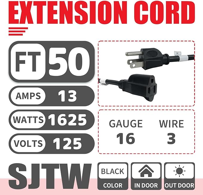 EP 50FT Black Outdoor Extension Cord, 16/3 SJTW Heavy Duty Waterproof, 3 Prong - Image 2