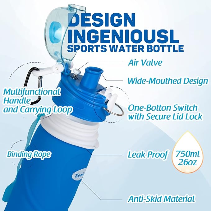 Kemier Collapsible Silicone Water Bottles-750ML, Medical Grade, BPA Free Travel - Image 7