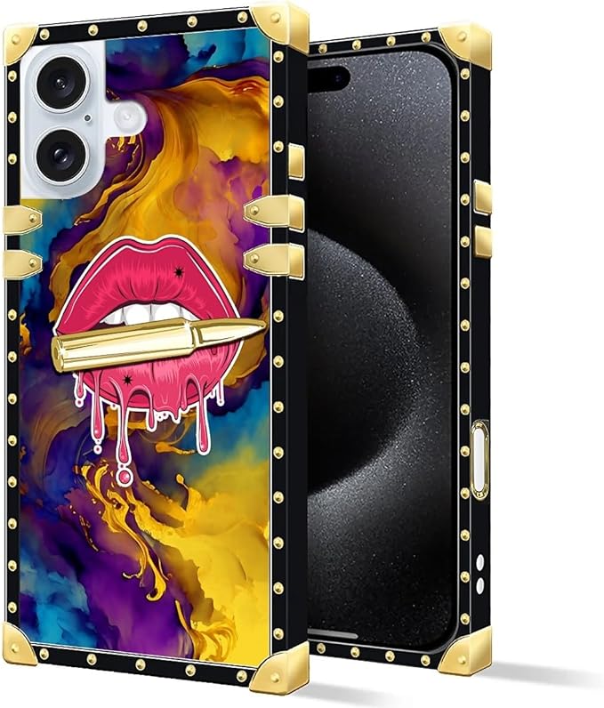 Compatible with iPhone 16 Case, Cool Corlorful Lip Marble Luxury Golden - Image 2