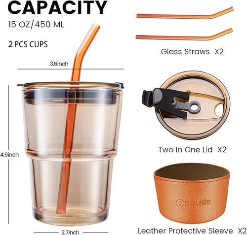 2 PCS Iced Coffee Cups with Lids, 15Oz/450ml Glass Cups With Lids and Straws - Image 2