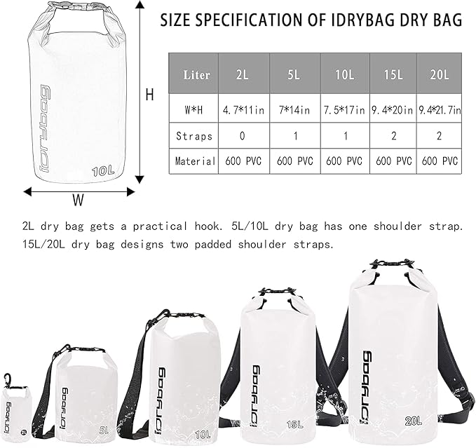 IDRYBAG Dry Bag for Kayaking Waterproof 2L/5L/10L/15L/20L, Small Dry Sack - Image 3