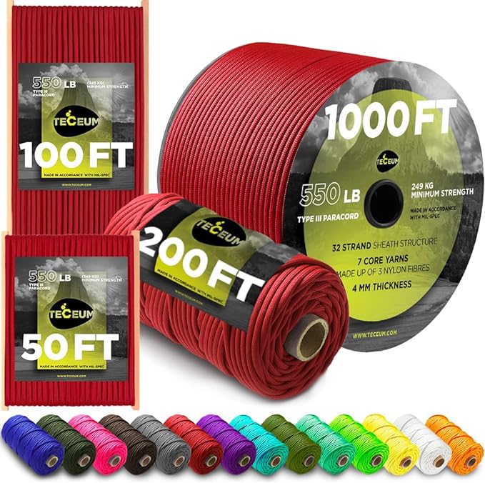 TECEUM Reflective Paracord Rope 1000 – 1000ft/200ft/100ft/50ft – 40+ Colors – by TECEUM