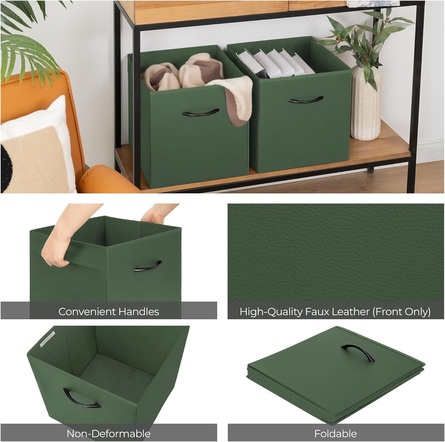 StorageWorks Green Storage Cubes, 13x13 Storage Cube Bins with Handle, Cube Storage Organizer Bins for Shelves and Closet, Collapsible Storage Bins, 4-Pack