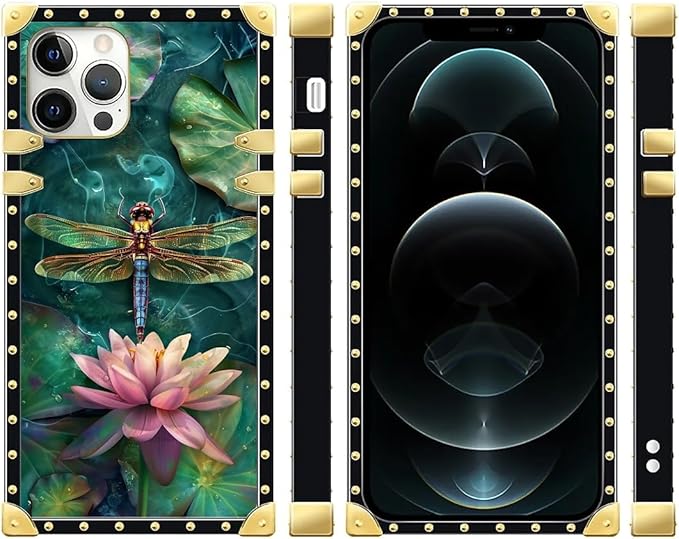 Compatible with iPhone 12 Case, Colourful Dragonfly Pink Lily Pads Luxury - Image 2