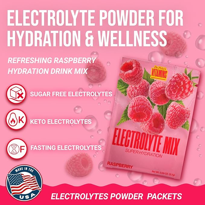 Dr. Price’s Electrolytes Hydration Powder Packets – Raspberry, 30 Packs | Sugar - Image 3