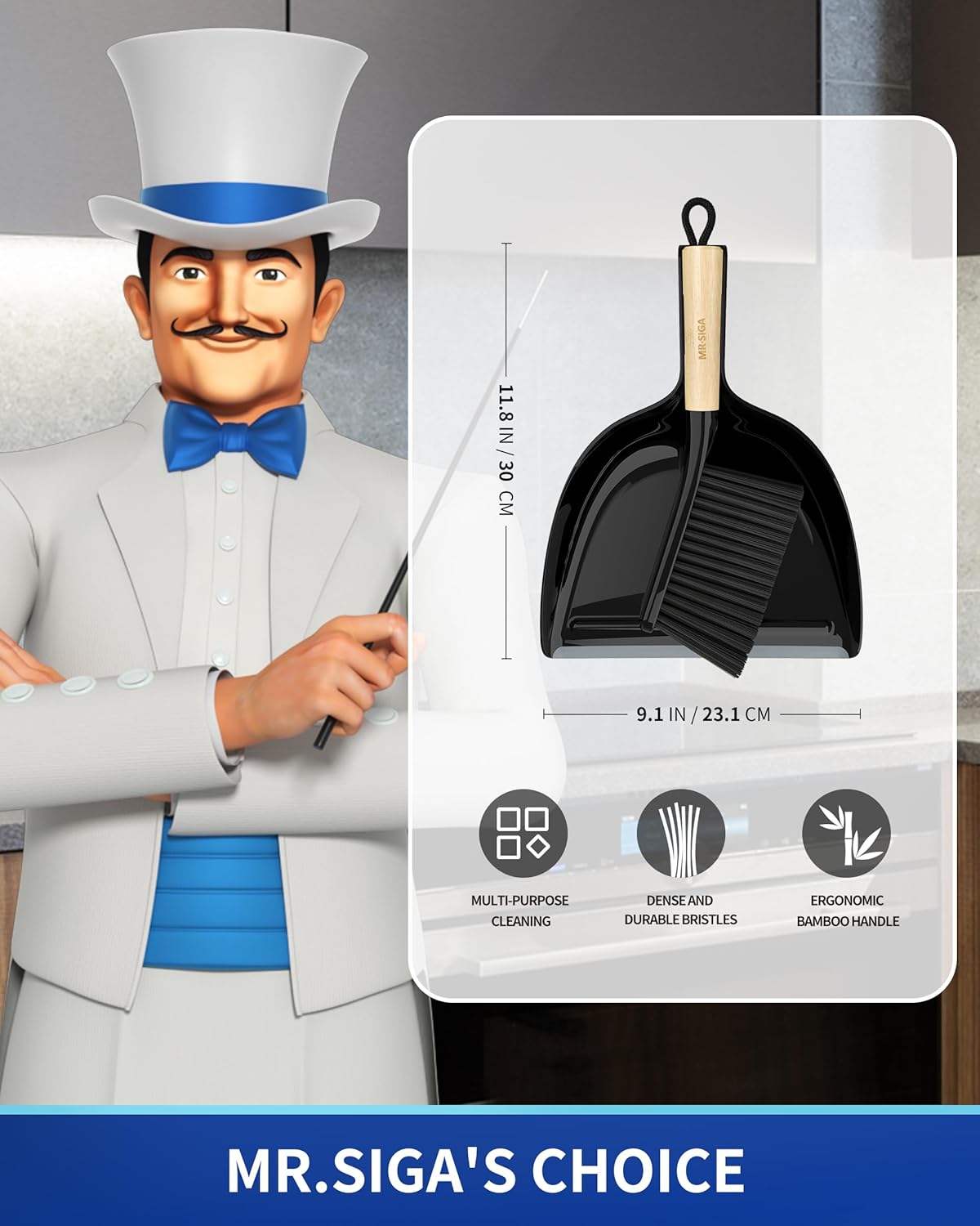 MR.SIGA Dustpan and Brush Set, Portable Cleaning Brush and Dustpan Combo with Bamboo Handle, Black, 1 Set