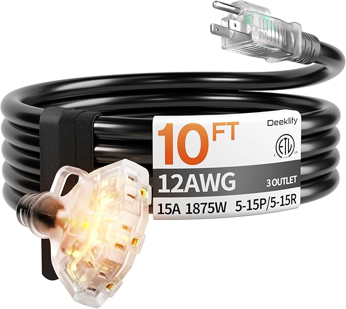 10 ft 12 Gauge 3 Outlet Extension Cord Splitter by Deeklify