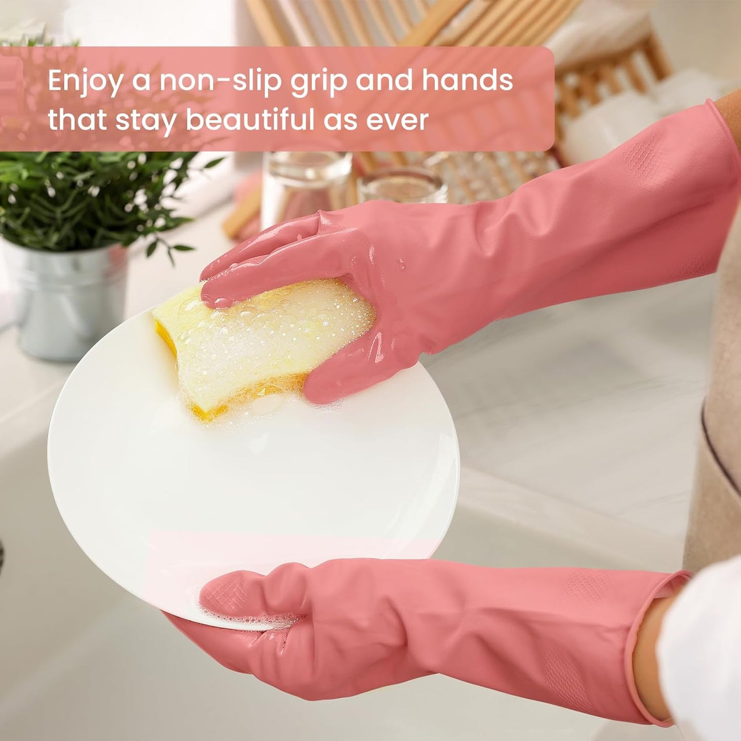 Rubber Cleaning Gloves for Dishwashing, 4 Pairs Reusable Kitchen Gloves for Washing Dishes and Household Cleaning, Colorful Dish Gloves with Flocked Lining and Non-Slip Grip, Pefect for Woman Men - M