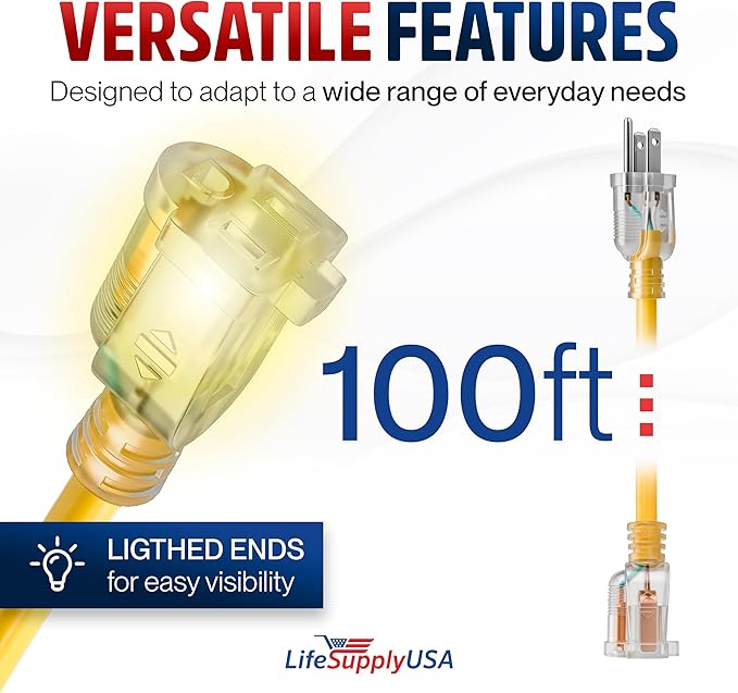 100ft Outdoor/Indoor Extension Cord 16/3 Gauge Heavy Duty 3 Prong SJTW - Image 6