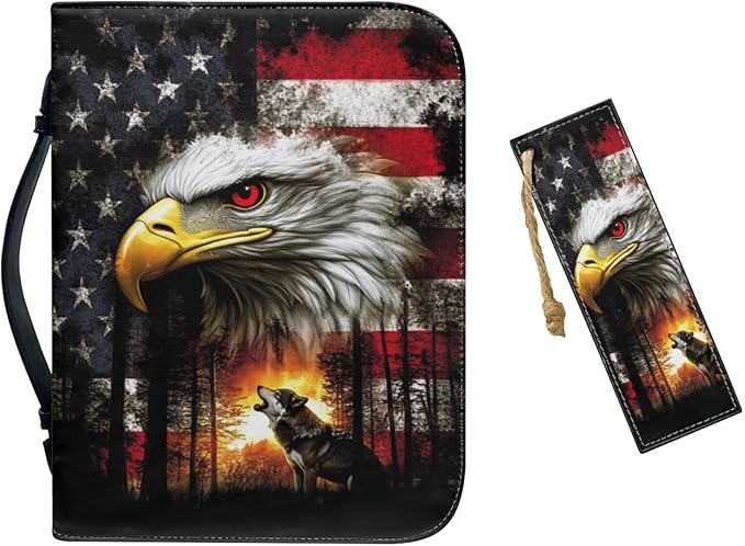 Small Bible Cover Case for Women Men American Flag Wolf Bald Eagle Print PU by Unknown