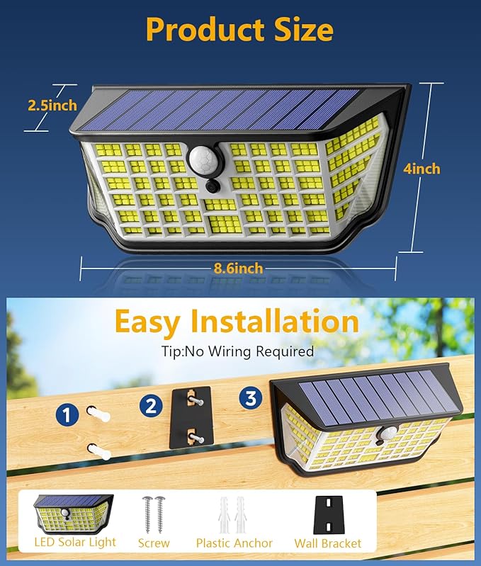 WdtPro Solar Lights Outdoor Waterproof, 300° Angle & 3 Lighting Modes Motion - Image 3