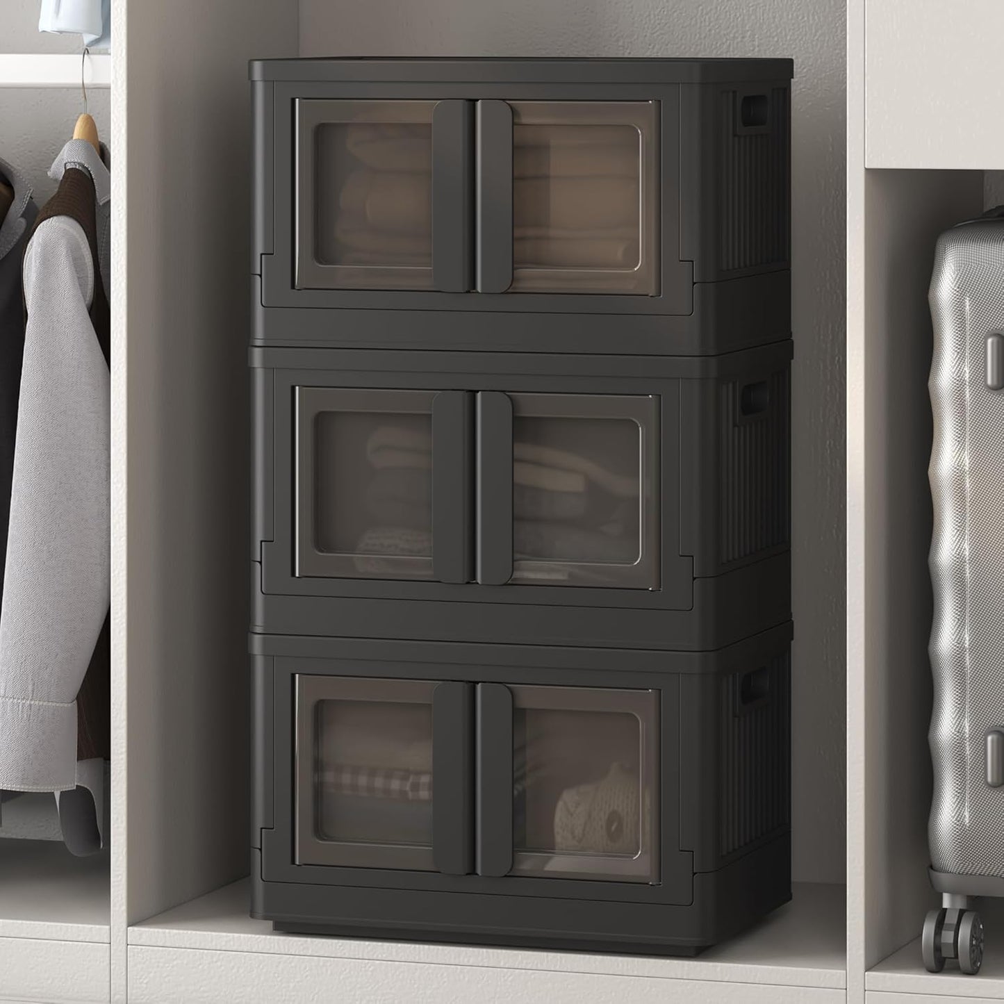 FLEXIMOUNTS 110 QT Stackable Storage Bins With Lids, Collapsible Plastic Storage Bins With Doors and Built-in Wheels For Home Dorm Closet Organizers and Storage, 3 Pack Cubes, Black