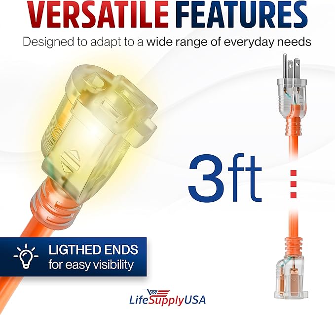 3ft Outdoor/Indoor Extension Cord 14/3 Gauge Heavy Duty 3 Prong SJTW, Waterproof - Image 6