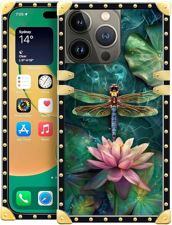 Compatible with iPhone 14 Pro Max Case, Colourful Dragonfly Pink Lily Pads by Unknown