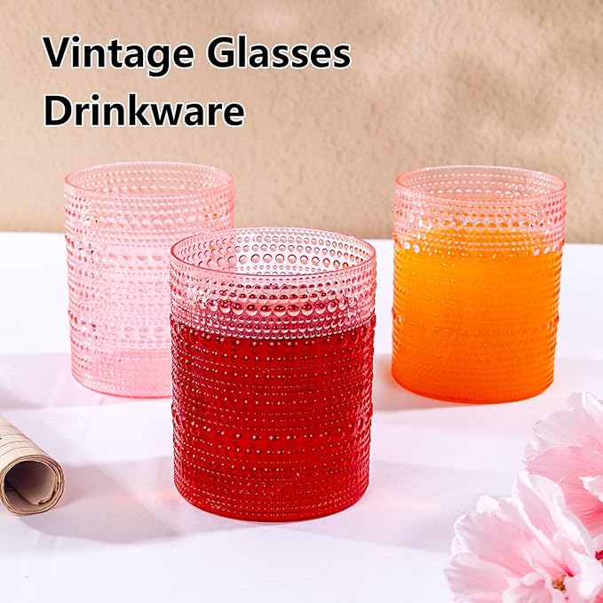 YOUBET 24PCS Plastic Drinking Glasses - 14OZ Pink Hobnail Drinkware Glasses - - Image 5
