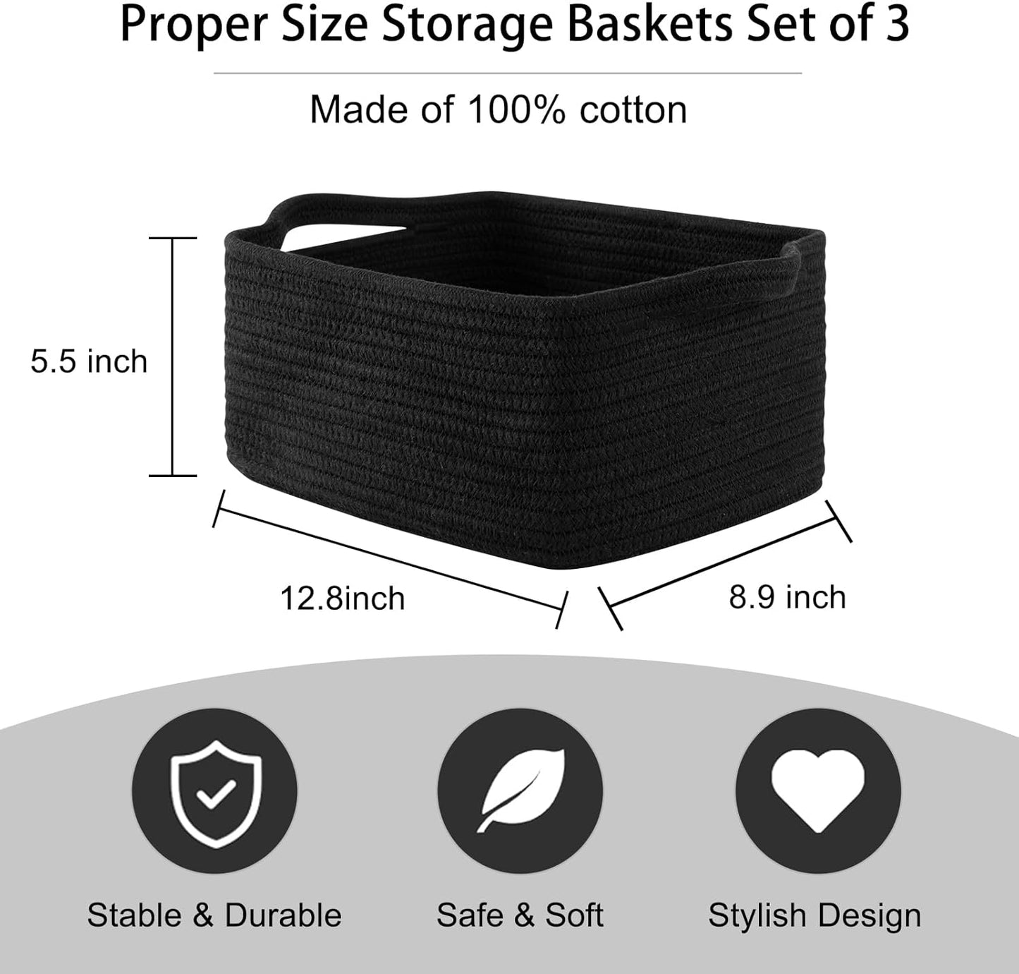 OIAHOMY Cotton Rope Woven Baskets for Storage, Nursery Rectangle Storage Basket with Handles for Shelves, Pack of 3, Black