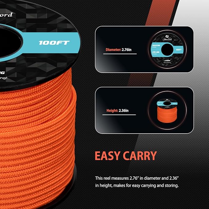 Abma Cord 2.4mm Paracord 275 100ft Nylon Rope 4 Strands Tactical Parachute Cord - Image 2