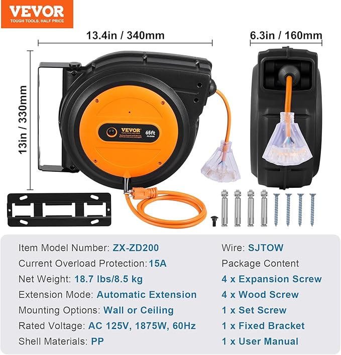 VEVOR Retractable Extension Cord Reel, 65 FT, Heavy Duty 12AWG/3C SJTOW Power - Image 7