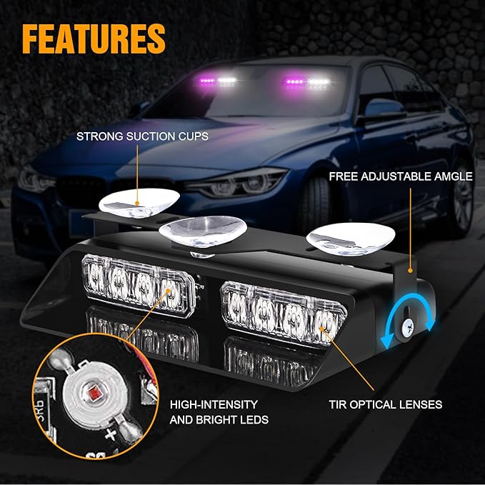 XRIDONSEN 2 in 1 Emergency Dash Strobe Lights Purple White Interior Front/Rear - Image 3