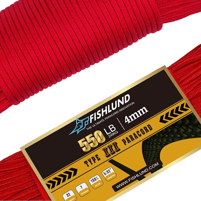 Paracord 550 lb, 7 Strand Paracord Rope 100ft 4mm, Nylon Parachute Cord by FISHLUND