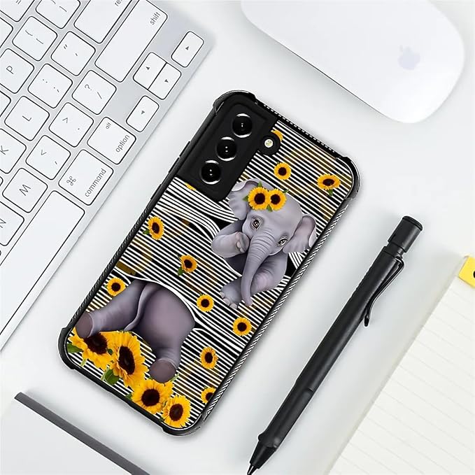 for Samsung Galaxy S21 FE Case, Cute Little Elephant Sunflower White Line Art - Image 7