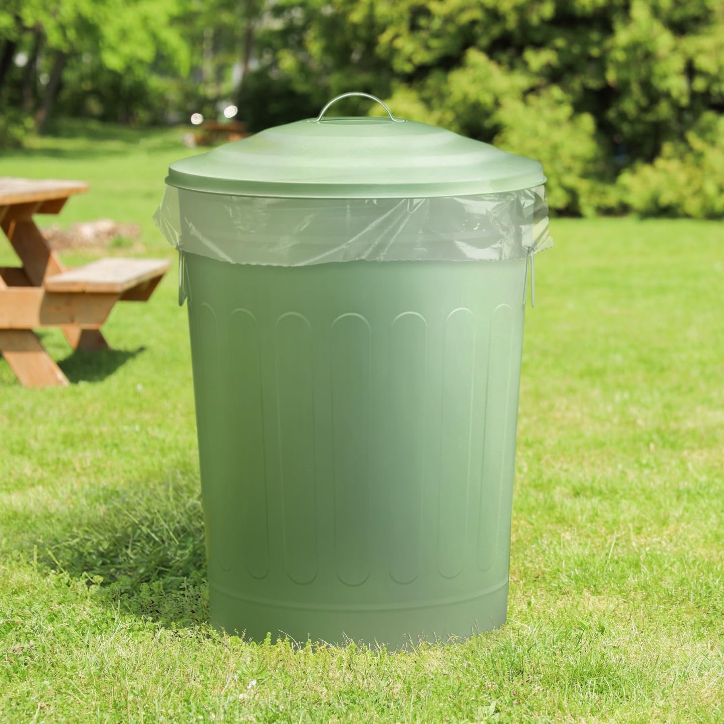 Plexon Round Trash Can 13 Gallon, Vintage Metal Outdoor Trash Can with Lid, Retro Farmhouse Garbage Container, Old School Modern Ash Bucket, Green 2 Pack