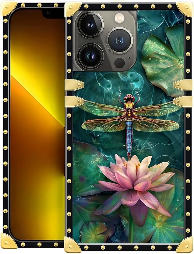 Compatible with iPhone 13 Pro Case, Colourful Dragonfly Pink Lily Pads Luxury by Unknown