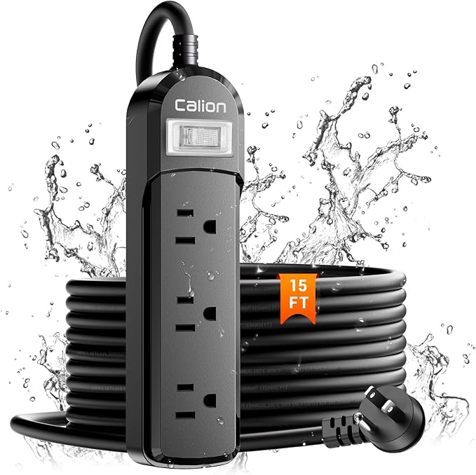 VNJ IPX6 Waterproof Outdoor Surge Protector Power Strip, 3AC Outlets 15FT Cord by Unknown