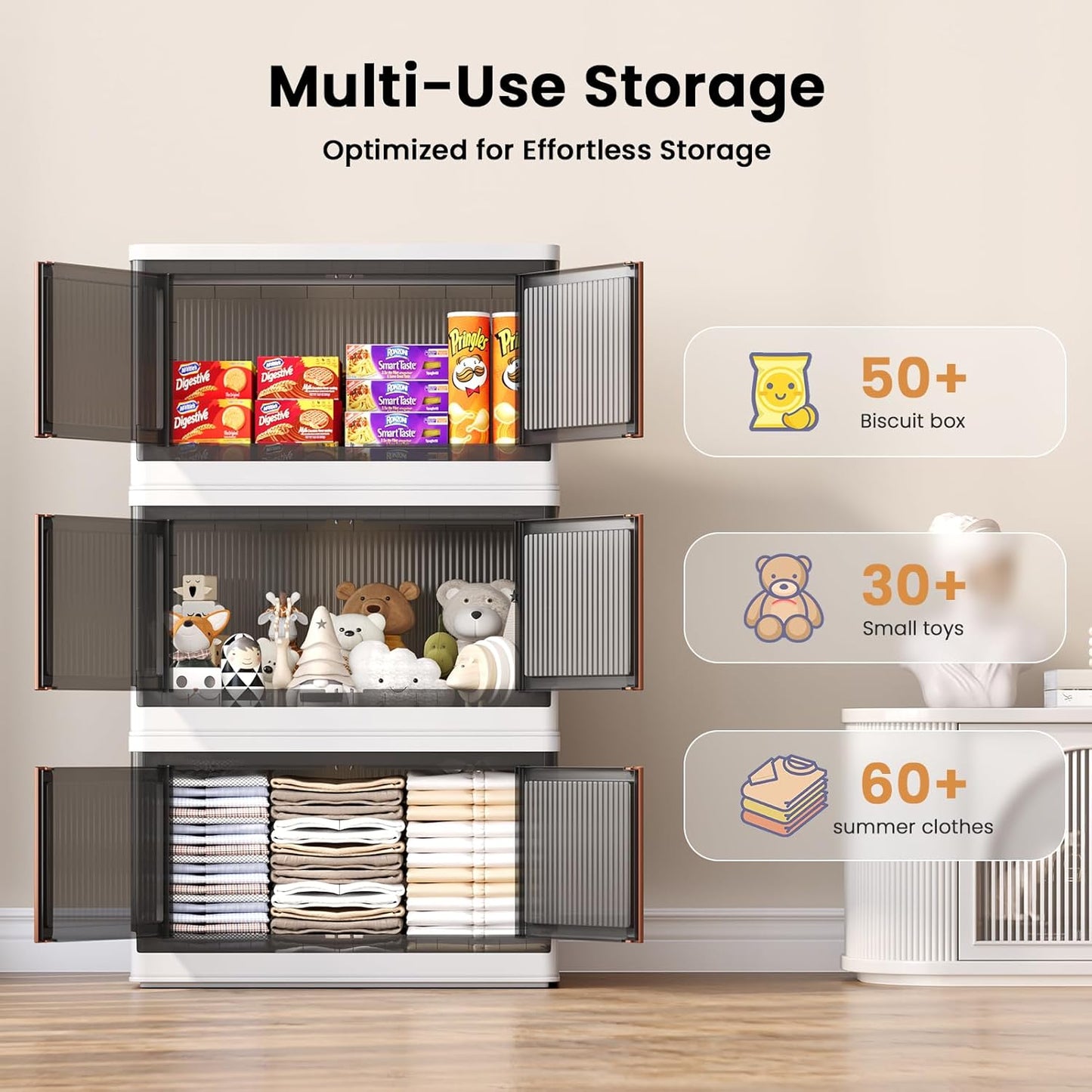 19Gal Collapsible Storage Bins with Lids & Wheels - 4 Pack Stackable with Doors, Heavy-Duty Plastic Containers for Home/Office, White