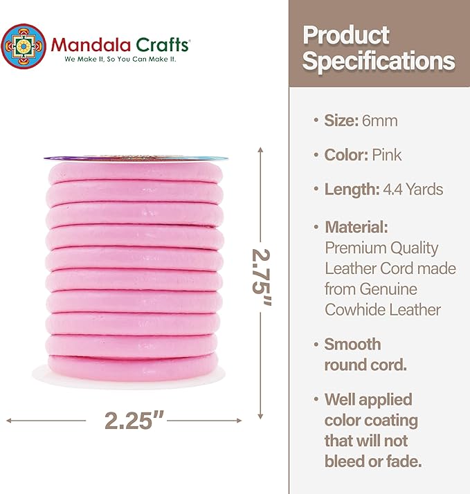 Mandala Crafts Round Genuine Pink Leather Cord - Image 4