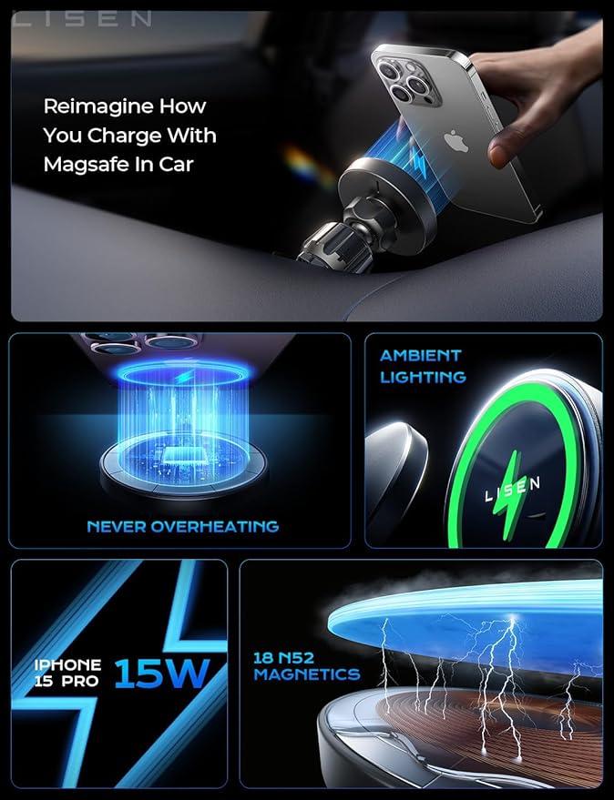 LISEN for 15W MagSafe Car Mount Charger, Magnetic Wireless Car Charger for - Image 3