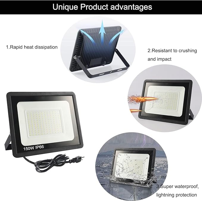 4Pack LED Flood Light Outdoor, 150W LED Work Light 15500lmwith 6FT US Plug - Image 5