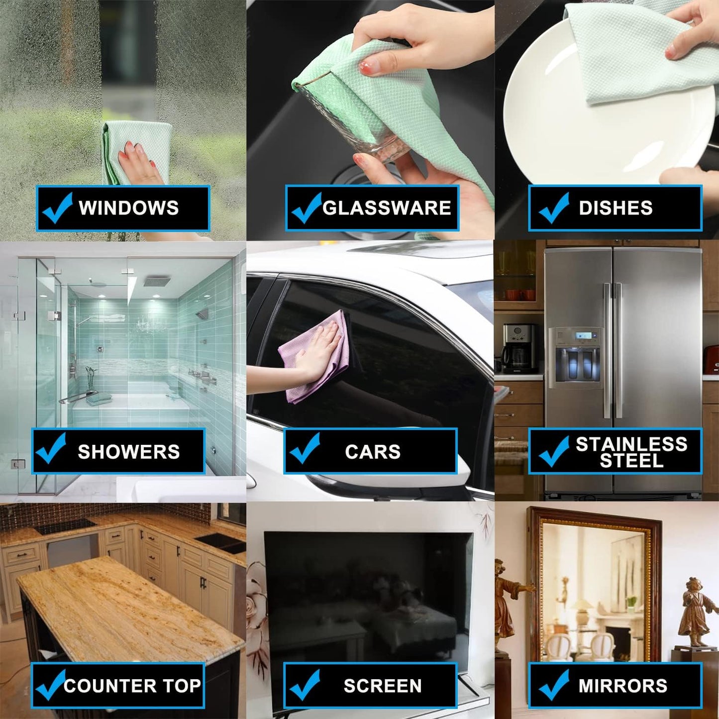 Streak Free Lint Free Microfiber Window Cleaning Cloth,Best Glass Car Shiny Wipes Mirror Shower Cleaning Cloth, Miracle Cloths for Glasses,Stainless Steel,Wine Glass Polishing Towels,Pack of 6,Grey