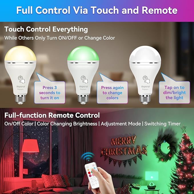 Neporal MagixPro RGB Remote Rechargeable Light Bulbs, Dual Recharge, Color - Image 2