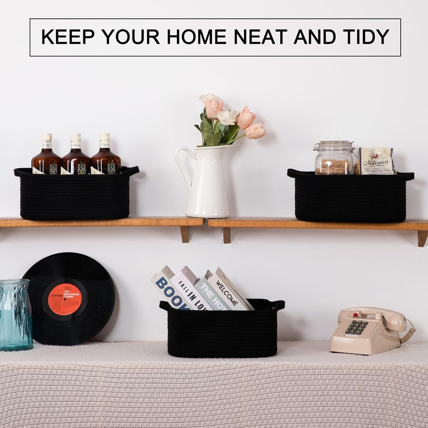 OIAHOMY Cotton Rope Woven Baskets for Storage, Nursery Rectangle Storage Basket with Handles for Shelves, Pack of 3, Black