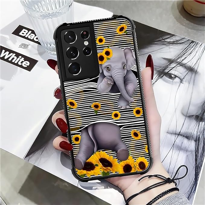 for Samsung Galaxy S21 Ultra Case, Cute Little Elephant Sunflower White Line - Image 7